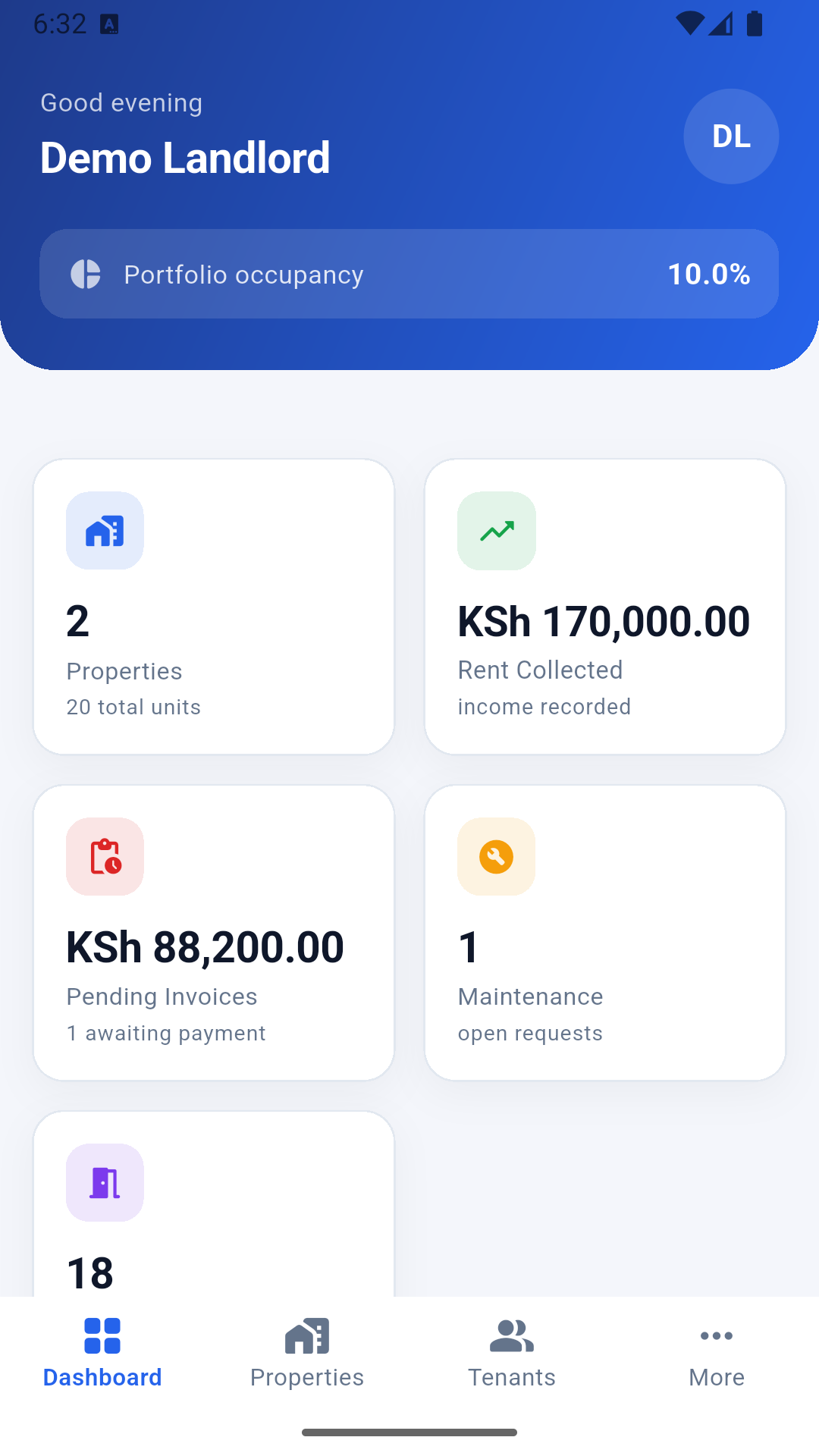 Rental Management app showing the dashboard with rent and invoice totals