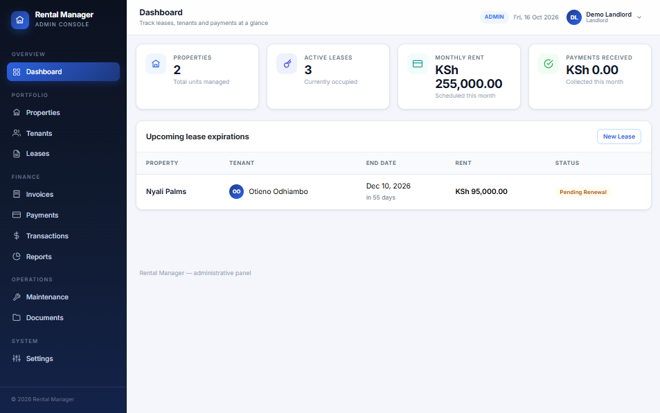 Rental Manager dashboard showing portfolio KPIs and upcoming lease expirations