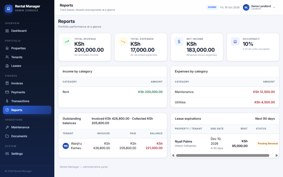 Reports page showing revenue, expenses, net income and occupancy